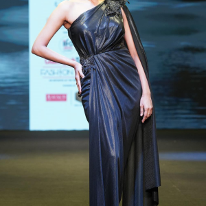 Black Off Shoulder Gown With 3D Feather Motifs
