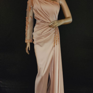 Drape Champagne Gown With French Handwork